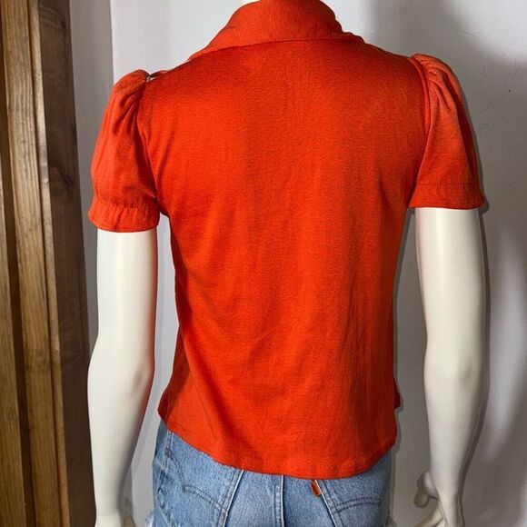 Vintage 60’s Orange V Neck Short Puff Sleeve T Shirt Ditzy Floral Size Small - Picture 9 of 14